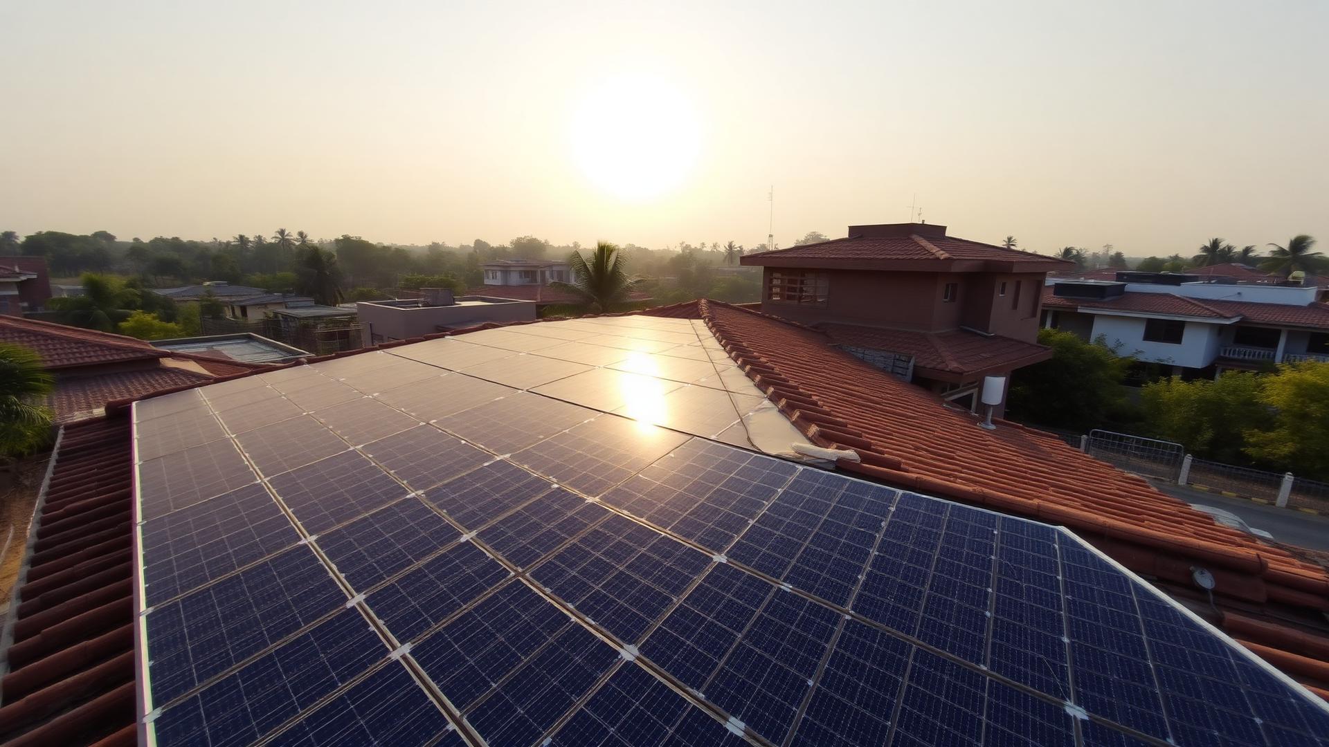 Rooftop solar panels on an Indian home at sunrise