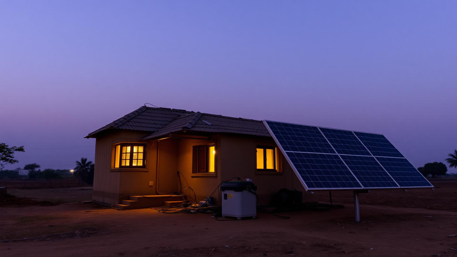 Off-grid solar setup powering a rural home at dusk